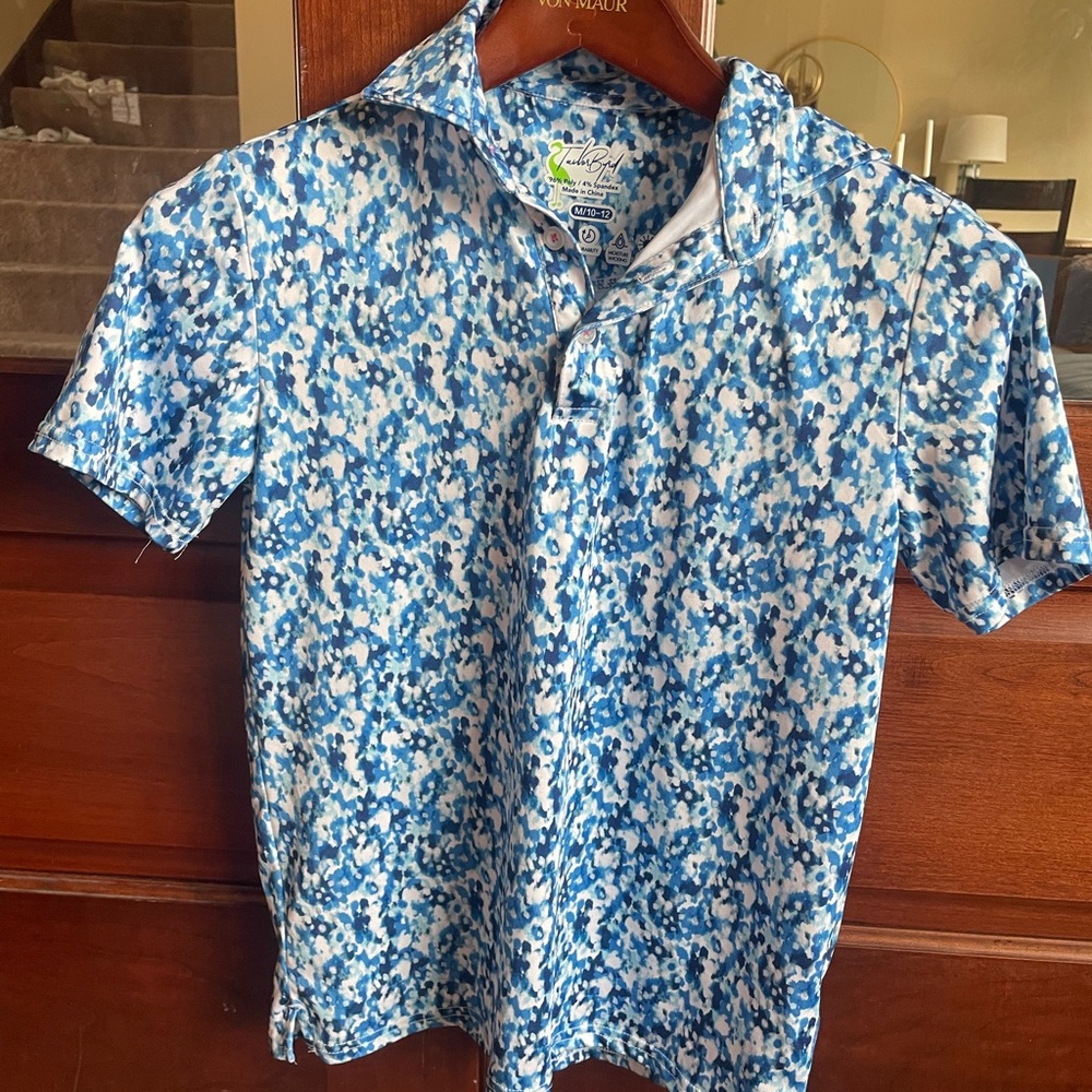 Tailorbyrd Blue and White Speckle Print Short Sleeve Polo
